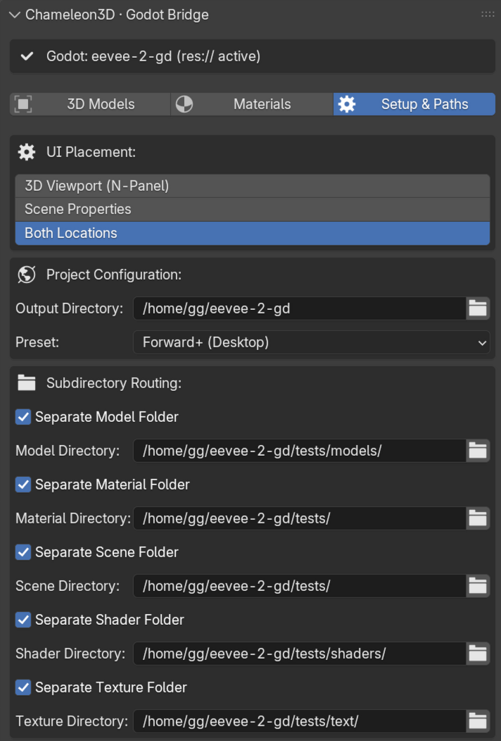 Chameleon3D Setup and Paths configuration panel